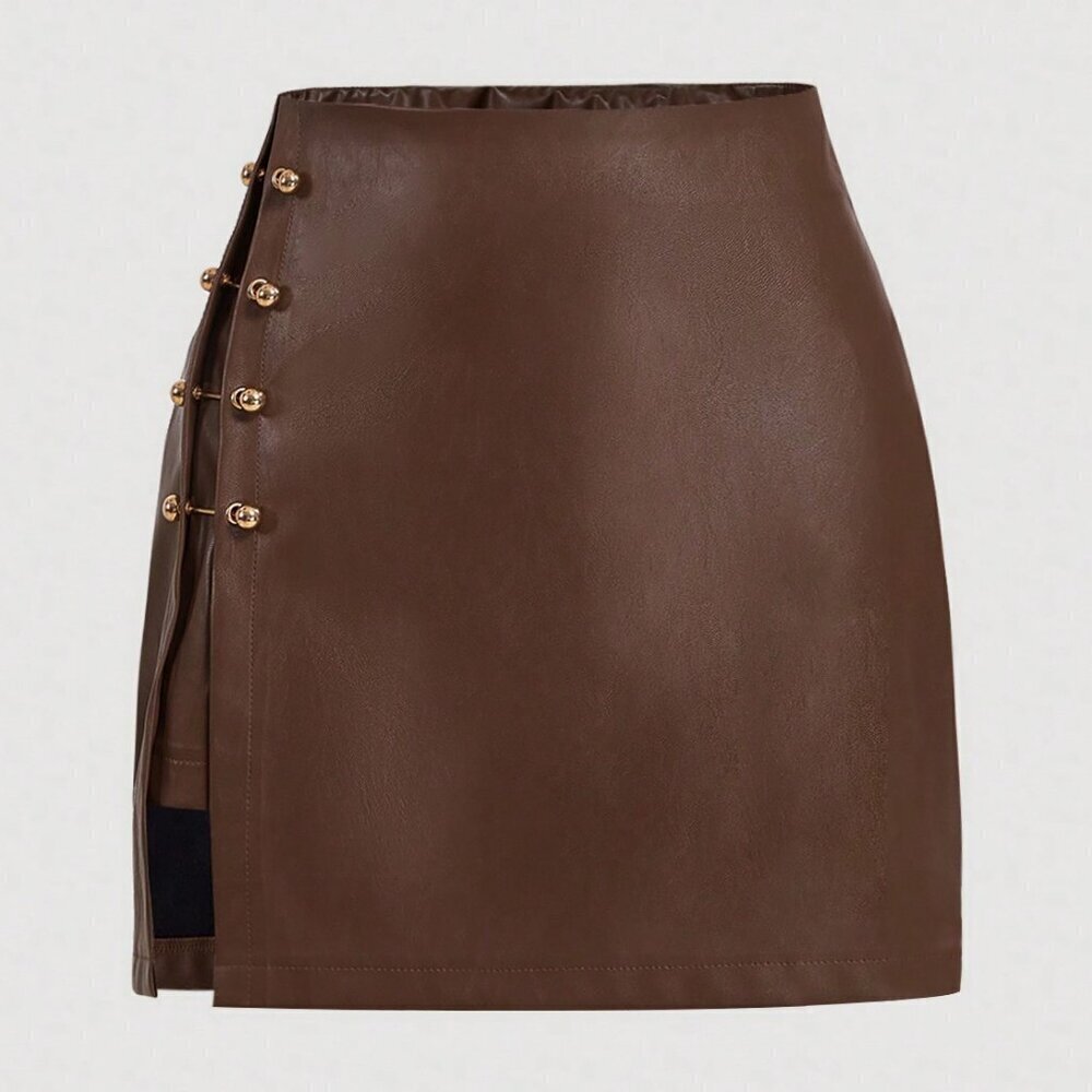 Brown Casual Women's Side Slit Metallic Trim Faux Leather A-Line skirt